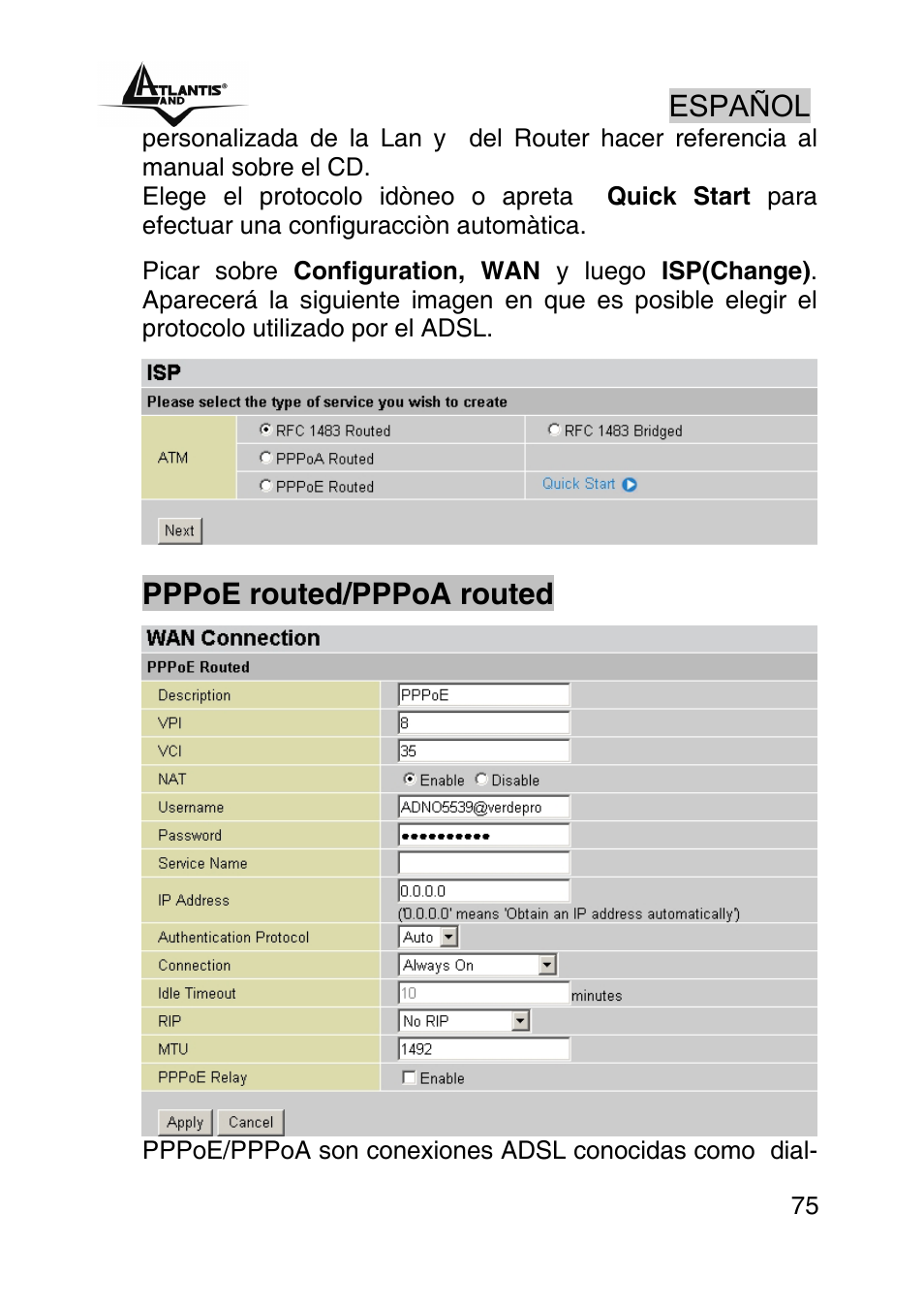 Español, Pppoe routed/pppoa routed | Atlantis Land A02-RA242-W54_GX01 User Manual | Page 75 / 80