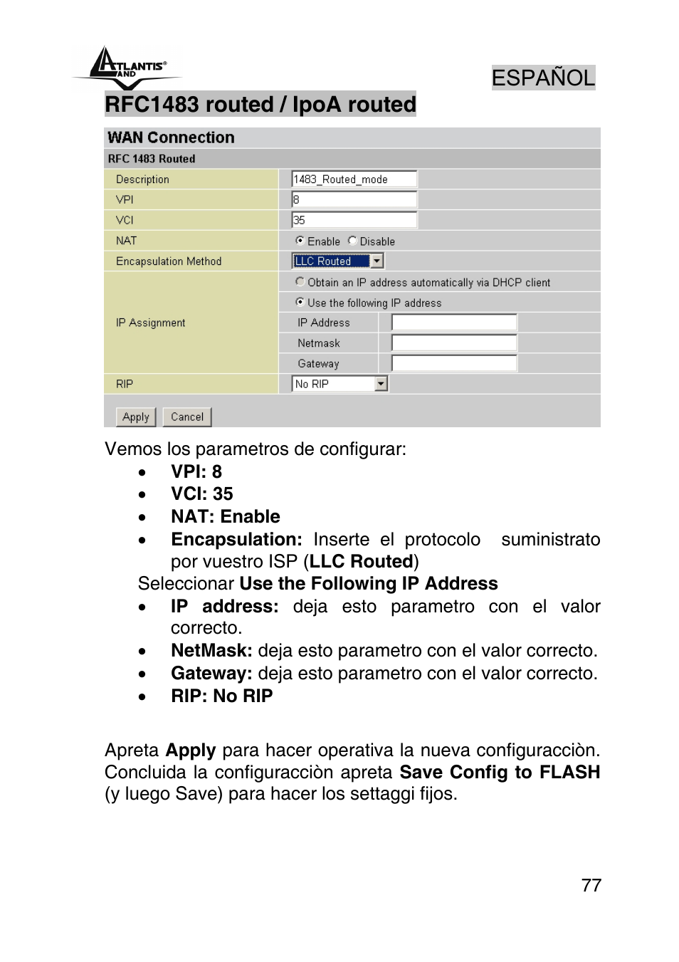 Español, Rfc1483 routed / ipoa routed | Atlantis Land A02-RA242-W54_GX01 User Manual | Page 77 / 80