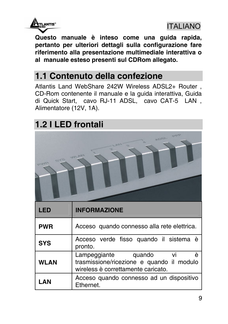 Italiano, 1 contenuto della confezione, 2 i led frontali | Atlantis Land A02-RA242-W54_GX01 User Manual | Page 9 / 80