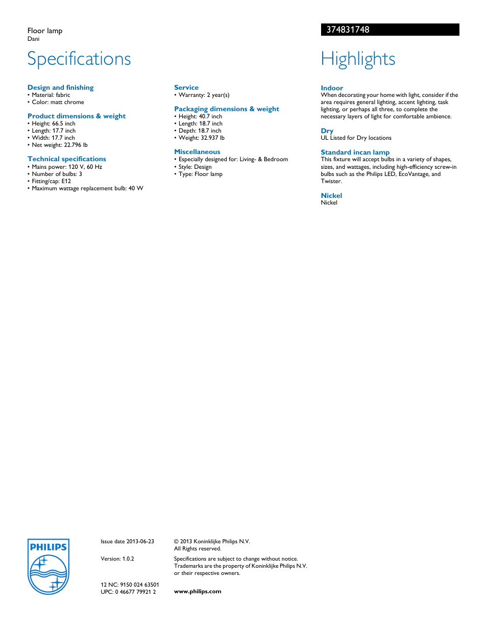 Floor lamp, Design and finishing, Product dimensions & weight | Technical specifications, Service, Packaging dimensions & weight, Miscellaneous, Specifications, Hì2hlì2hts, Philips | Philips 374831748 User Manual | Page 2 / 2