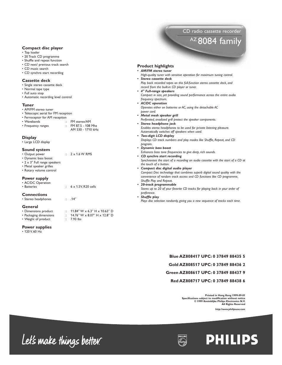 8084 family, Cd radio cassette recorder | Philips AZ8085-17 User Manual | Page 2 / 2