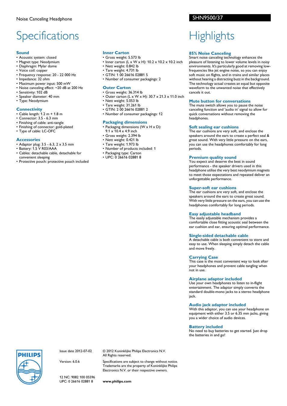 Specifications, Highlights | Philips SHN9500-37 User Manual | Page 2 / 2