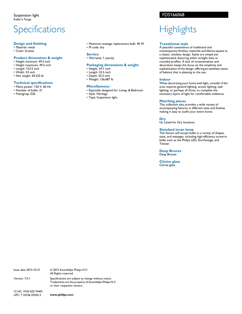 Suspension light, Transitional style, Indoor | Matching pieces, Standard incan lamp, Deep bronze, Citrine glass, Specifications, Hiphliphts | Philips Forecast Suspension light FDS16-60-68 Kellar's Forge User Manual | Page 2 / 2