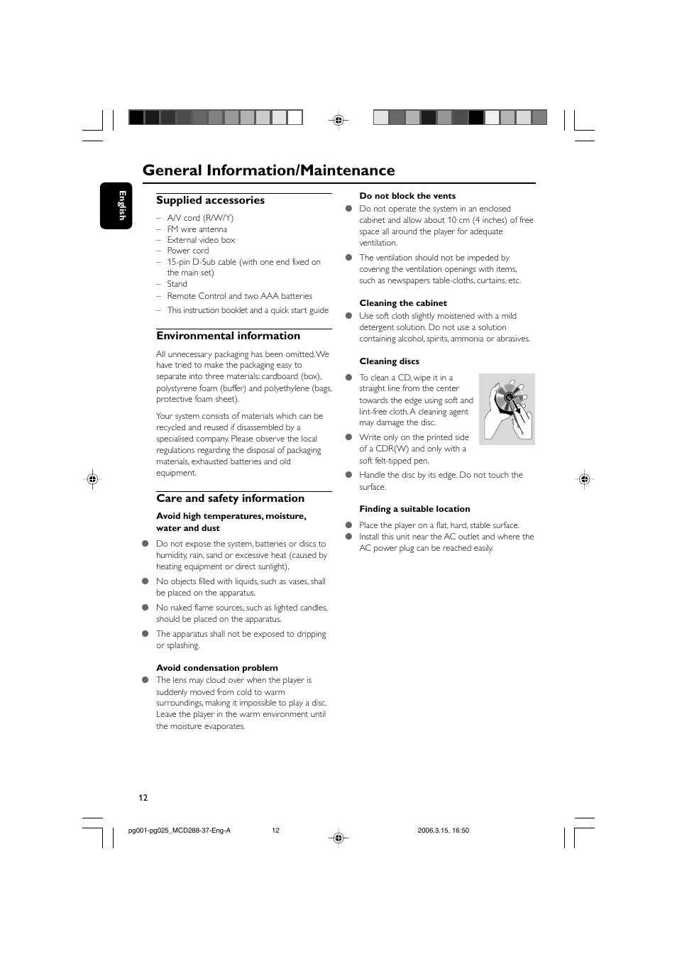 General information/maintenance, Supplied accessories, Environmental information | Care and safety information | Philips MCD288-37 User Manual | Page 12 / 45