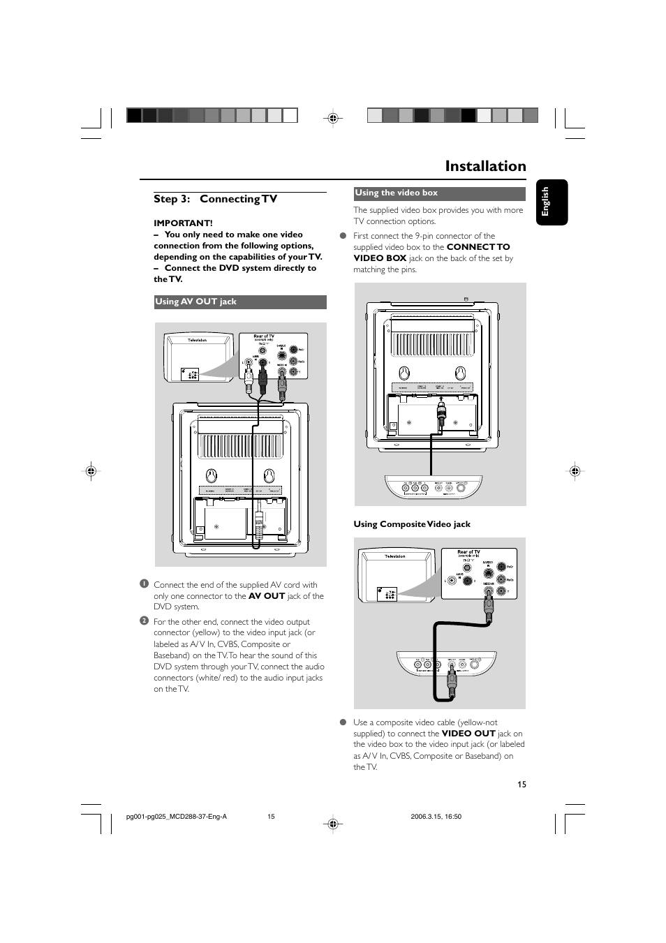 Installation, Step 3: connecting tv | Philips MCD288-37 User Manual | Page 15 / 45