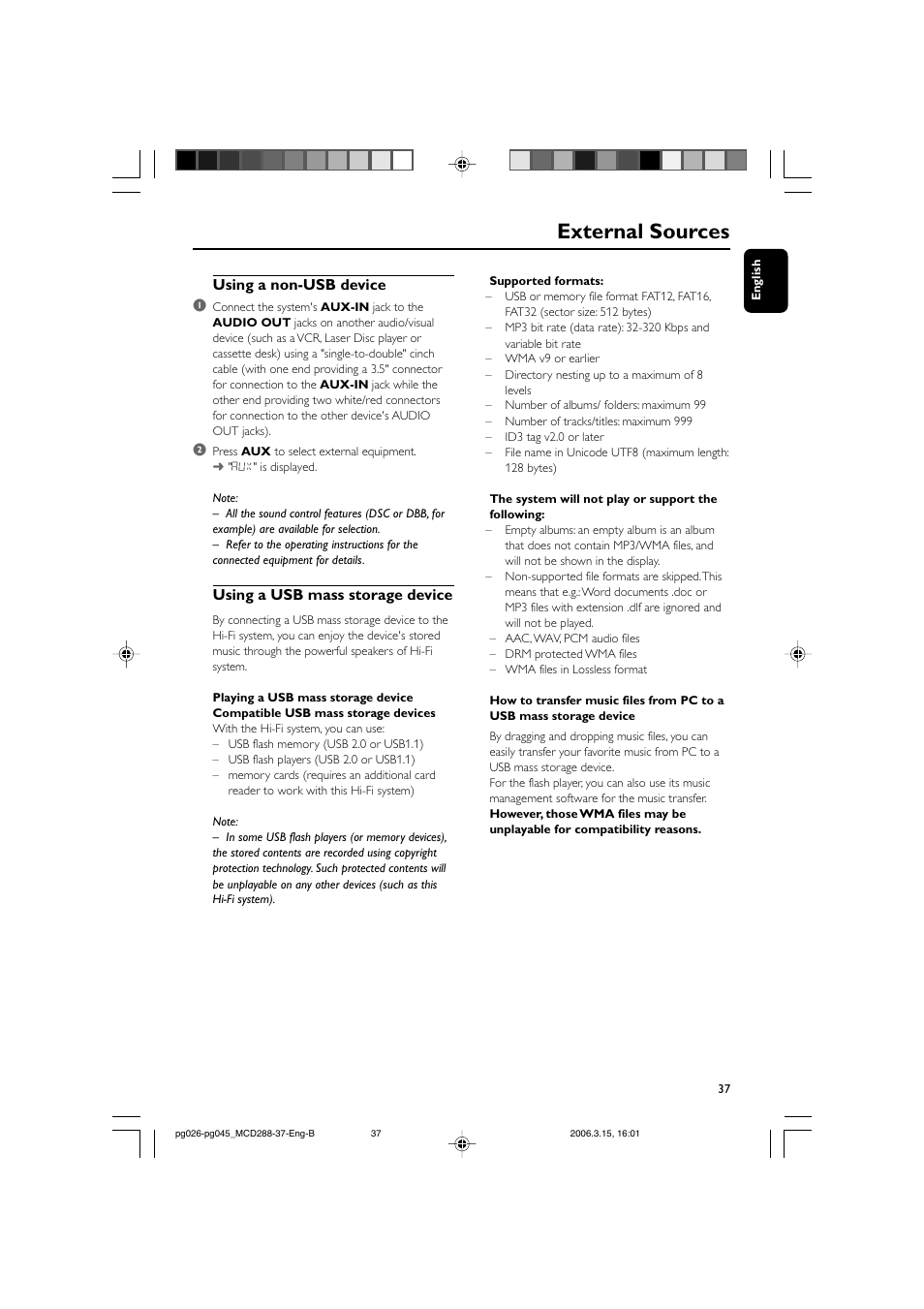 External sources, Using a non-usb device 1, Using a usb mass storage device | Philips MCD288-37 User Manual | Page 37 / 45
