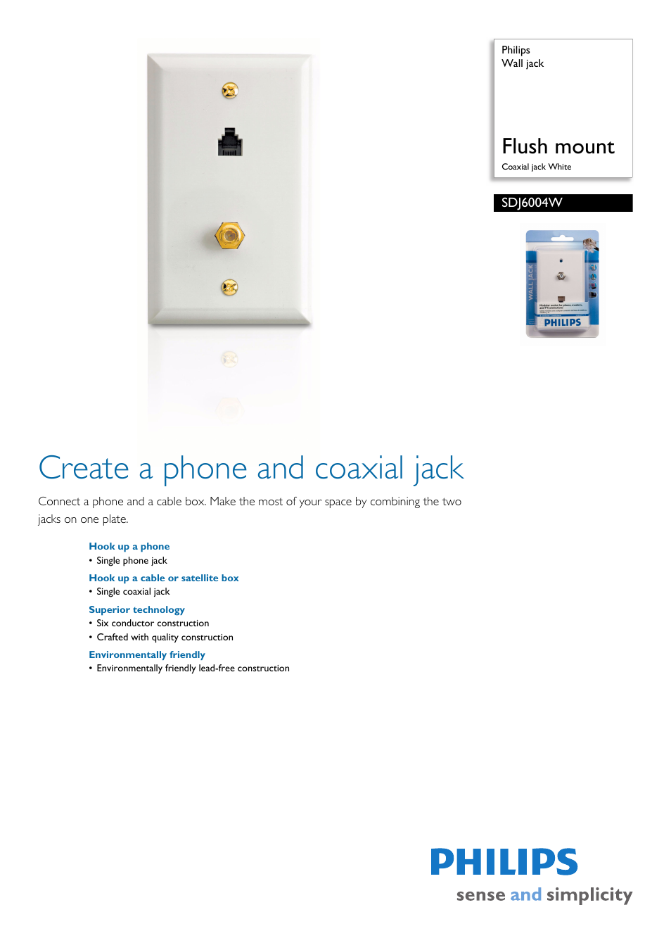 Philips Wall jack SDJ6004W Flush mount Coaxial jack White User Manual | 2 pages
