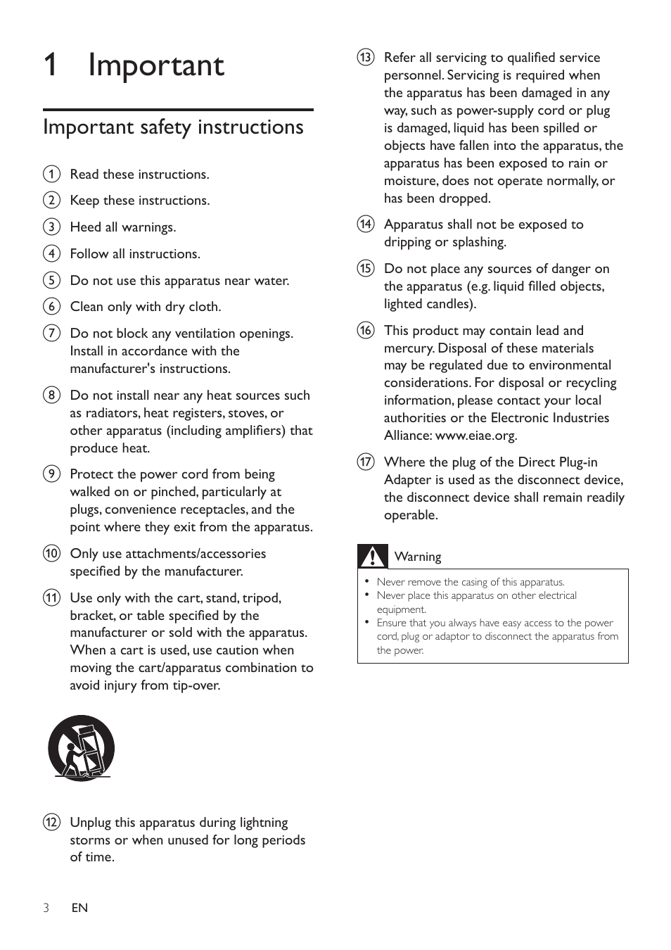 1 important, Important safety instructions | Philips AD345-37 User Manual | Page 3 / 12