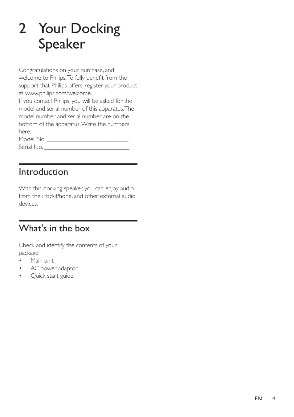 2 your docking speaker, Introduction, What's in the box | Introduction 4 | Philips AD345-37 User Manual | Page 4 / 12