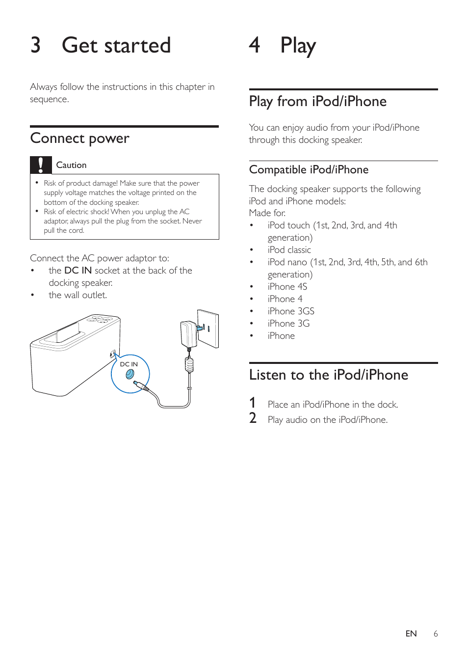 3 get started, Connect power, 4 play | Play from ipod/iphone, Listen to the ipod/iphone, Listen to the ipod/iphone 1 | Philips AD345-37 User Manual | Page 6 / 12