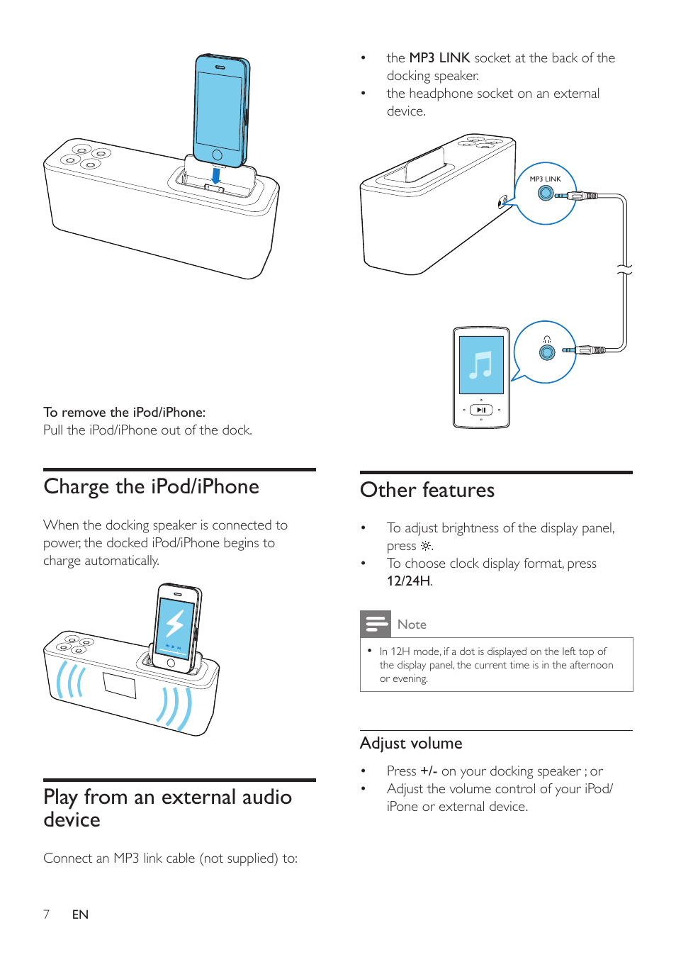 Charge the ipod/iphone, Play from an external audio device, Other features | Philips AD345-37 User Manual | Page 7 / 12