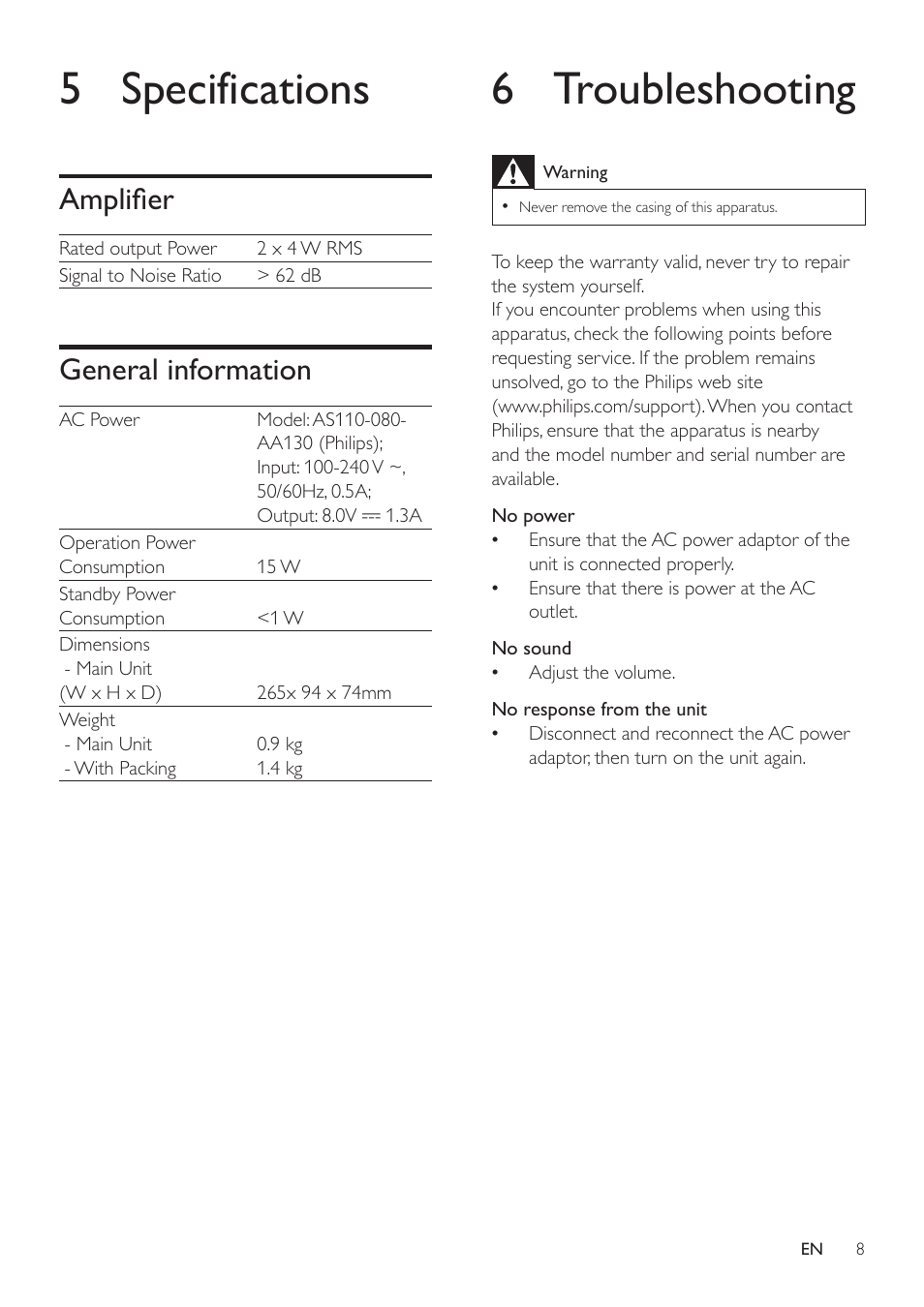 5 specifications, Amplifier, General information | 6 troubleshooting | Philips AD345-37 User Manual | Page 8 / 12