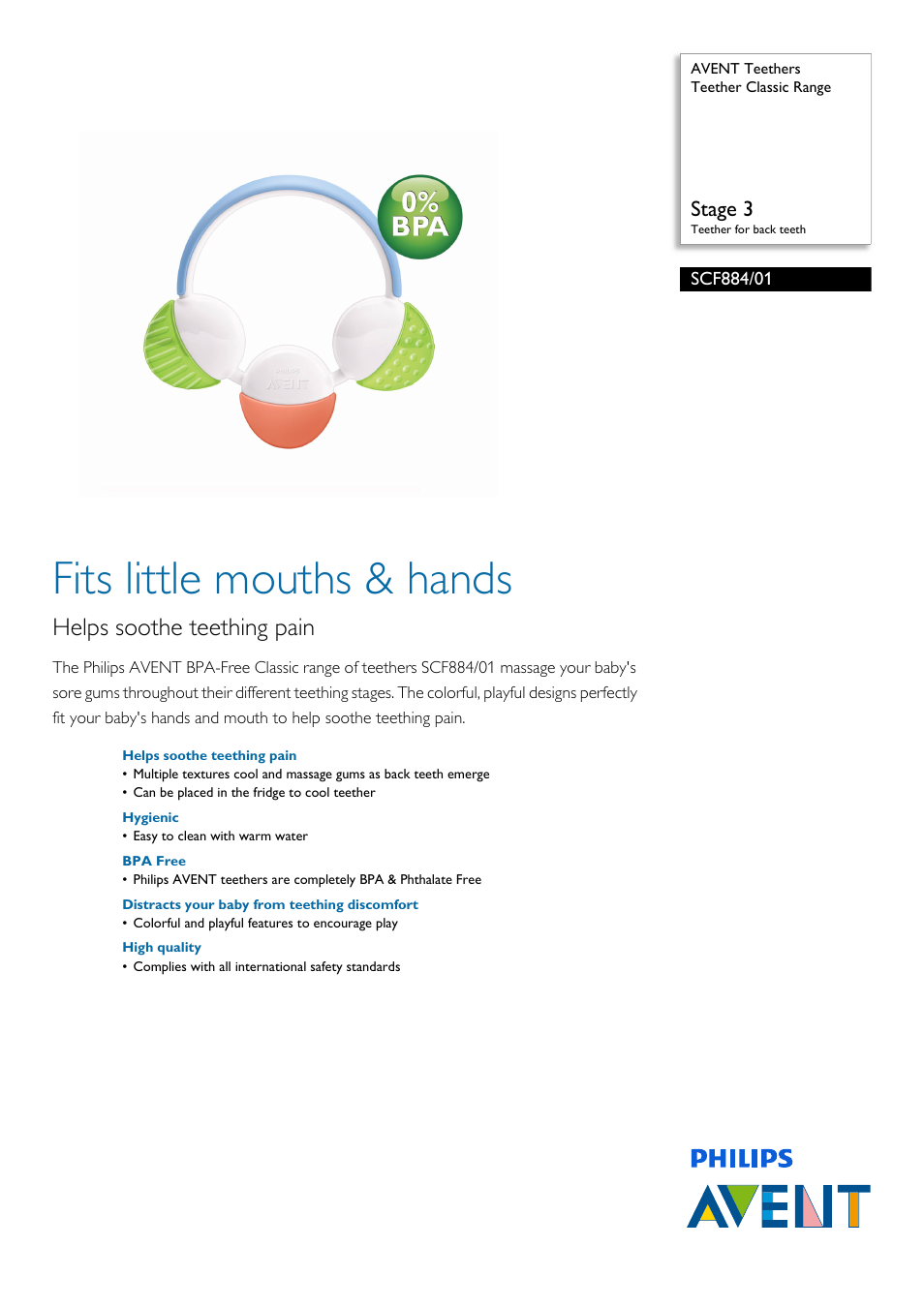 Philips AVENT Teether Classic Range SCF884-01 Stage 3 Teether for back teeth by Philips User Manual | 2 pages