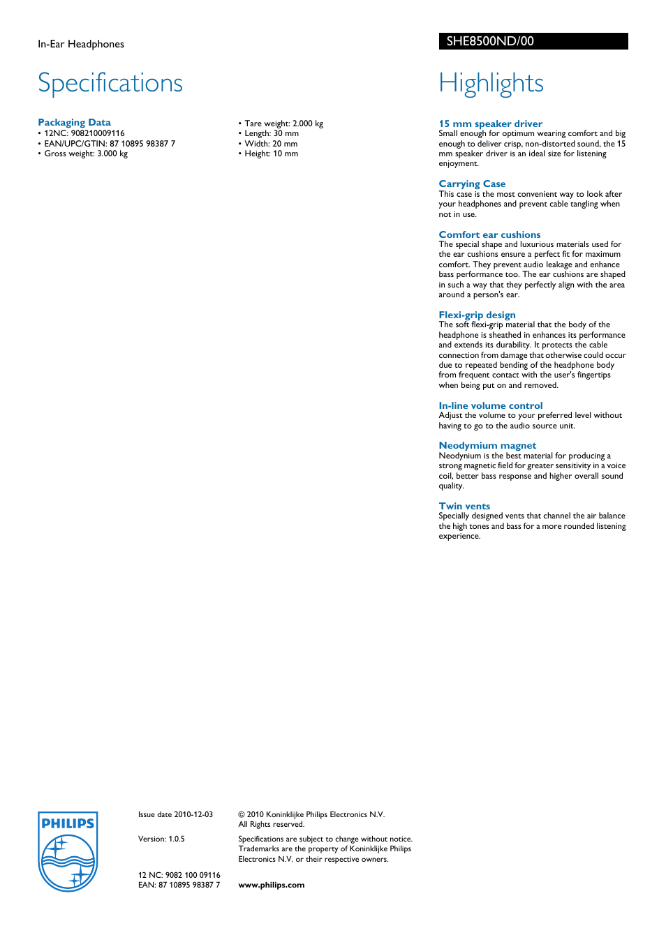 Specifications, Highlights | Philips SHE8500ND-00 User Manual | Page 2 / 2