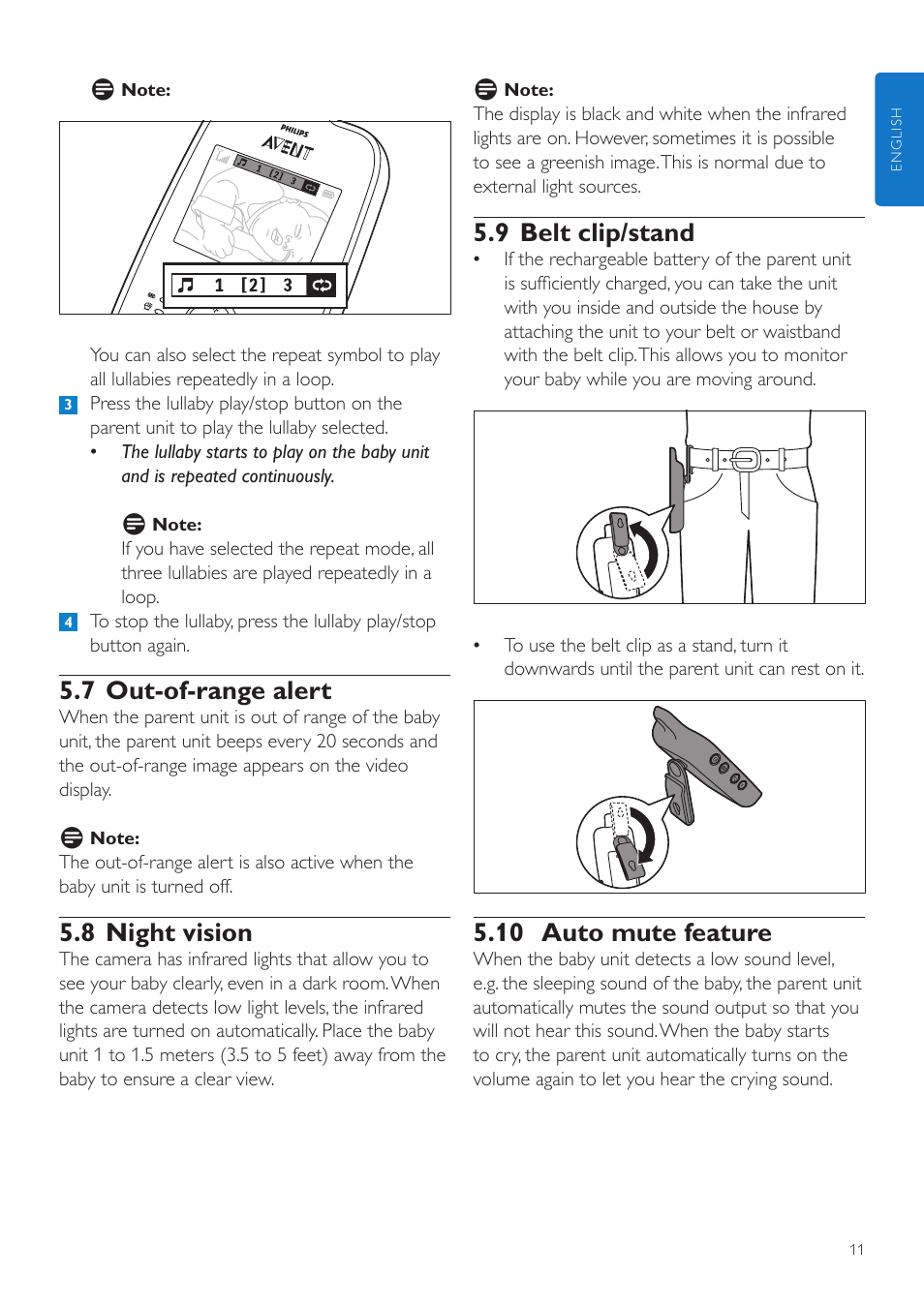 5 nightlight, 6 lullaby function, 9 belt clip/stand | 10 auto mute feature, 7 out-of-range alert, 8 night vision | Philips AVENT Digital Video Baby Monitor SCD603-10 2.4" color screen User Manual | Page 11 / 18