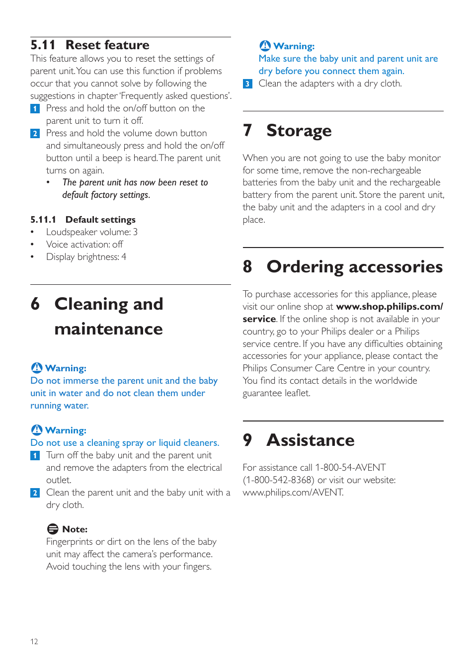 7 out-of-range alert, 8 night vision, 9 belt clip/stand | 7 storage, 8 ordering accessories, 9 assistance, 6 cleaning and maintenance, 11 reset feature | Philips AVENT Digital Video Baby Monitor SCD603-10 2.4" color screen User Manual | Page 12 / 18