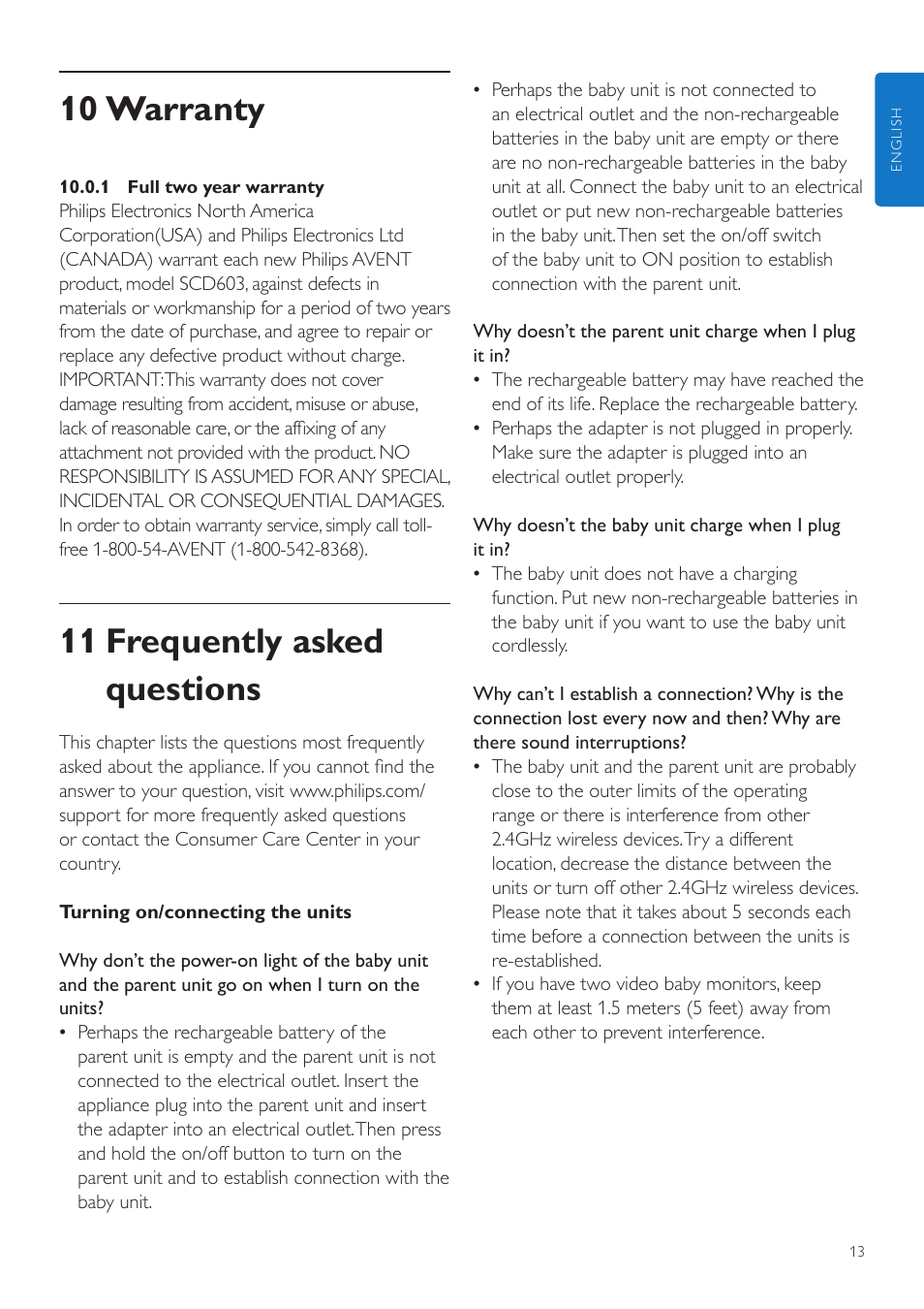 10 auto mute feature, 11 reset feature, 1 default settings | 6 cleaning and maintenance, 7 storage, 8 ordering accessories, 9 assistance, 10 warranty, 11 frequently asked questions | Philips AVENT Digital Video Baby Monitor SCD603-10 2.4" color screen User Manual | Page 13 / 18