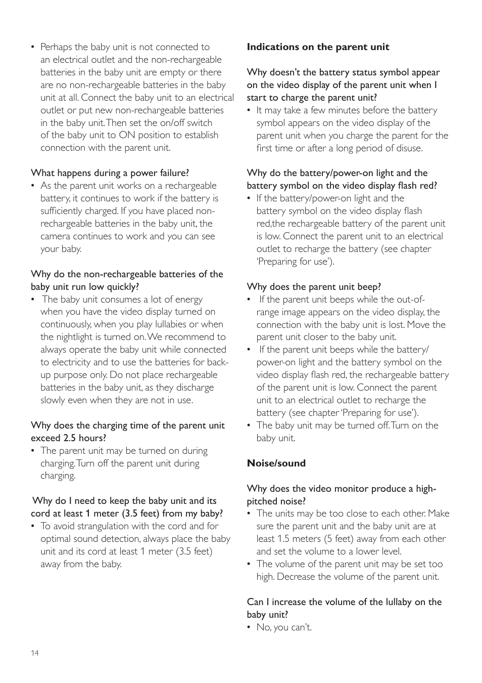1 full two year warranty, 10 warranty, 11 frequently asked questions | Philips AVENT Digital Video Baby Monitor SCD603-10 2.4" color screen User Manual | Page 14 / 18