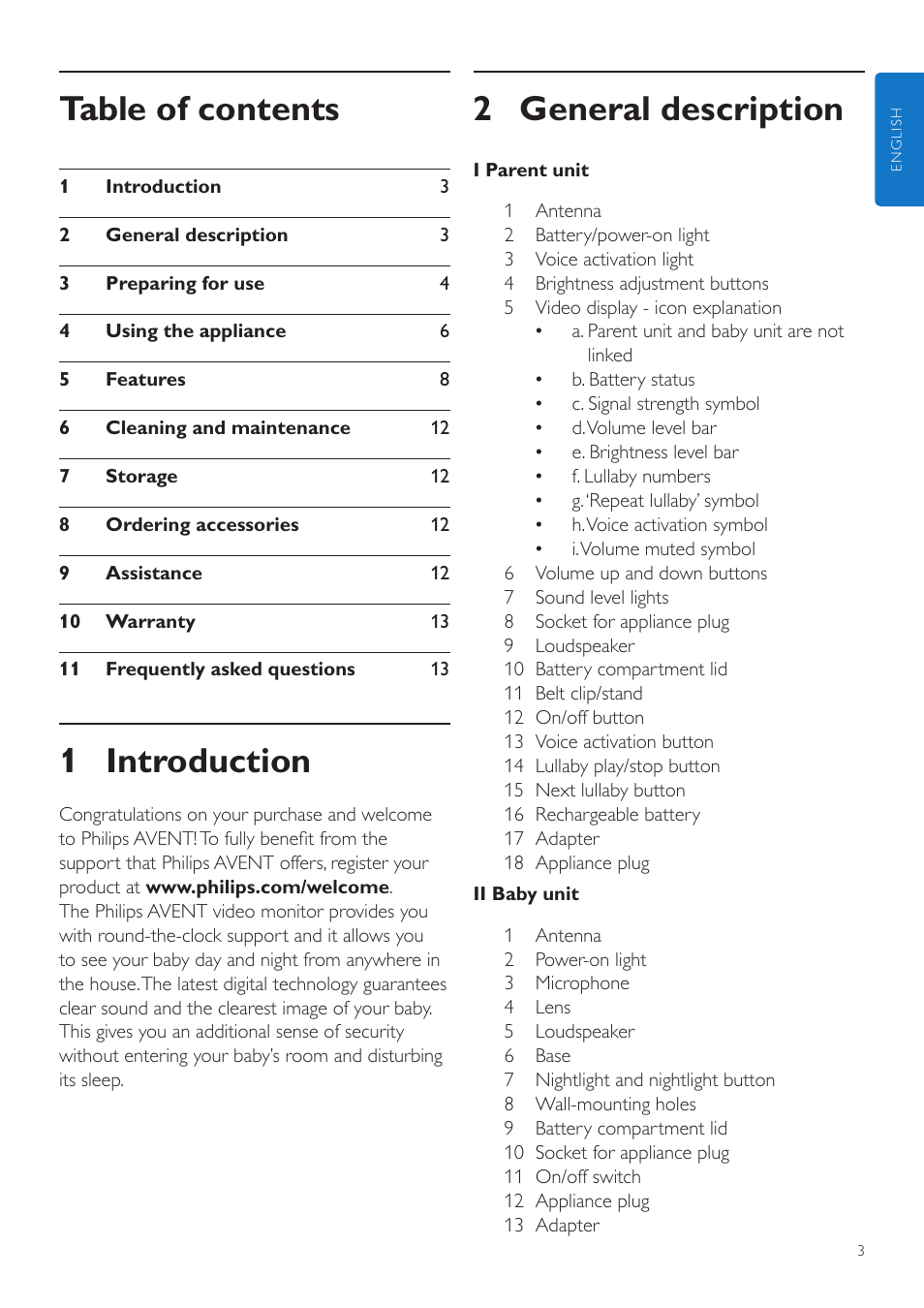 Philips AVENT Digital Video Baby Monitor SCD603-10 2.4" color screen User Manual | Page 3 / 18