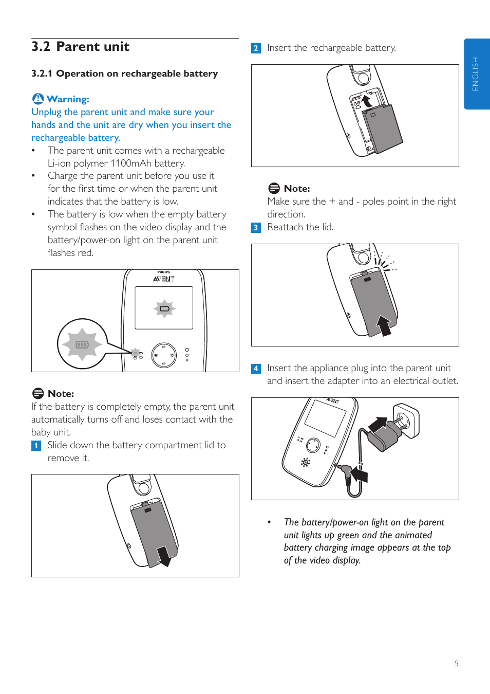 3 preparing for use, 1 baby unit, 1 connecting the baby unit | 2 placing the non-rechargeable batteries, 2 parent unit | Philips AVENT Digital Video Baby Monitor SCD603-10 2.4" color screen User Manual | Page 5 / 18