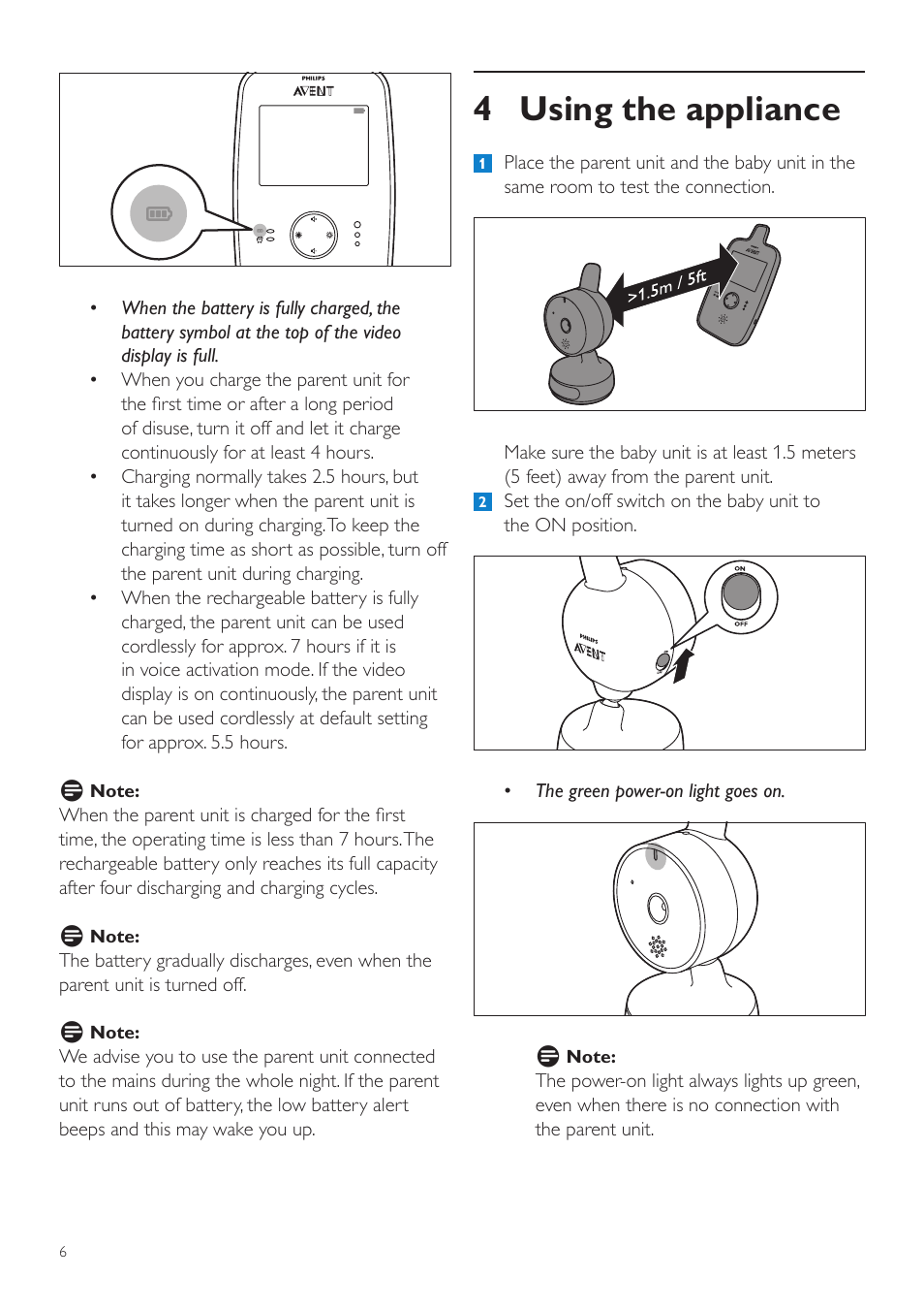 2 parent unit, 1 operation on rechargeable battery, 4 using the appliance | Philips AVENT Digital Video Baby Monitor SCD603-10 2.4" color screen User Manual | Page 6 / 18
