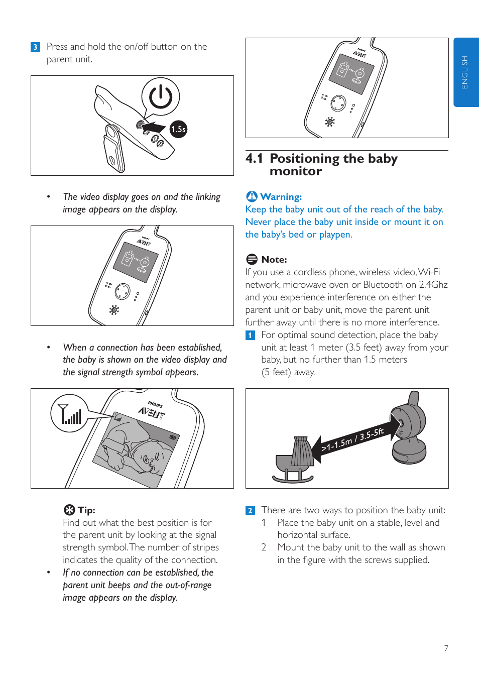4 using the appliance, 1 positioning the baby monitor | Philips AVENT Digital Video Baby Monitor SCD603-10 2.4" color screen User Manual | Page 7 / 18