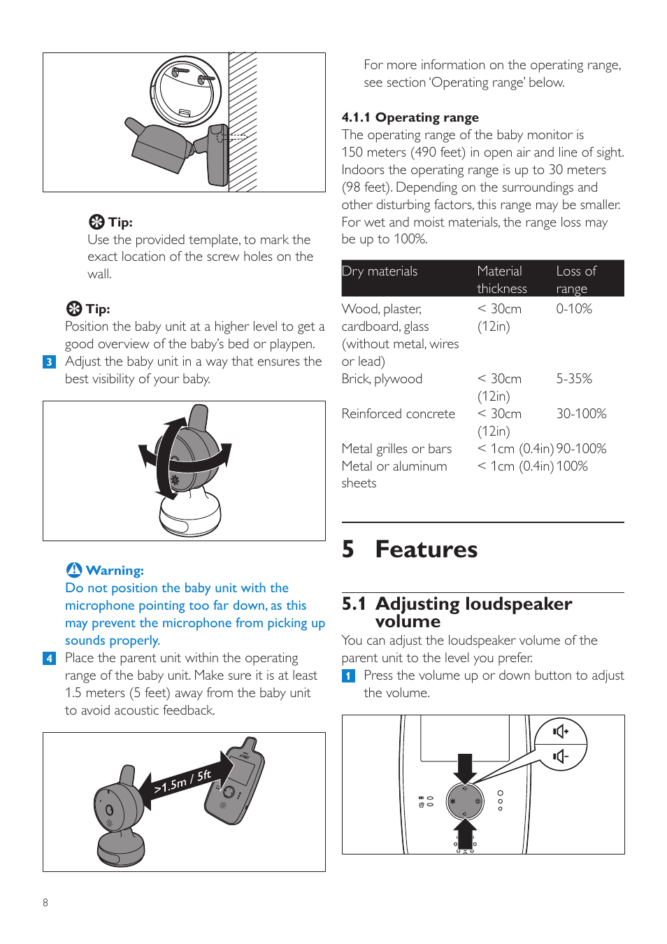 1 positioning the baby monitor, 5 features, 1 adjusting loudspeaker volume | Philips AVENT Digital Video Baby Monitor SCD603-10 2.4" color screen User Manual | Page 8 / 18