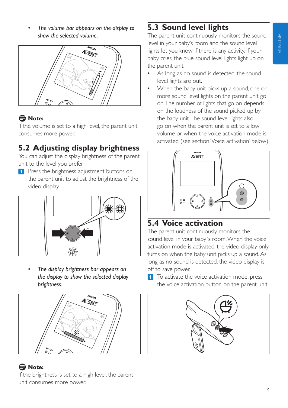 1 operating range, 5 features, 1 adjusting loudspeaker volume | 3 sound level lights, 4 voice activation, 2 adjusting display brightness | Philips AVENT Digital Video Baby Monitor SCD603-10 2.4" color screen User Manual | Page 9 / 18