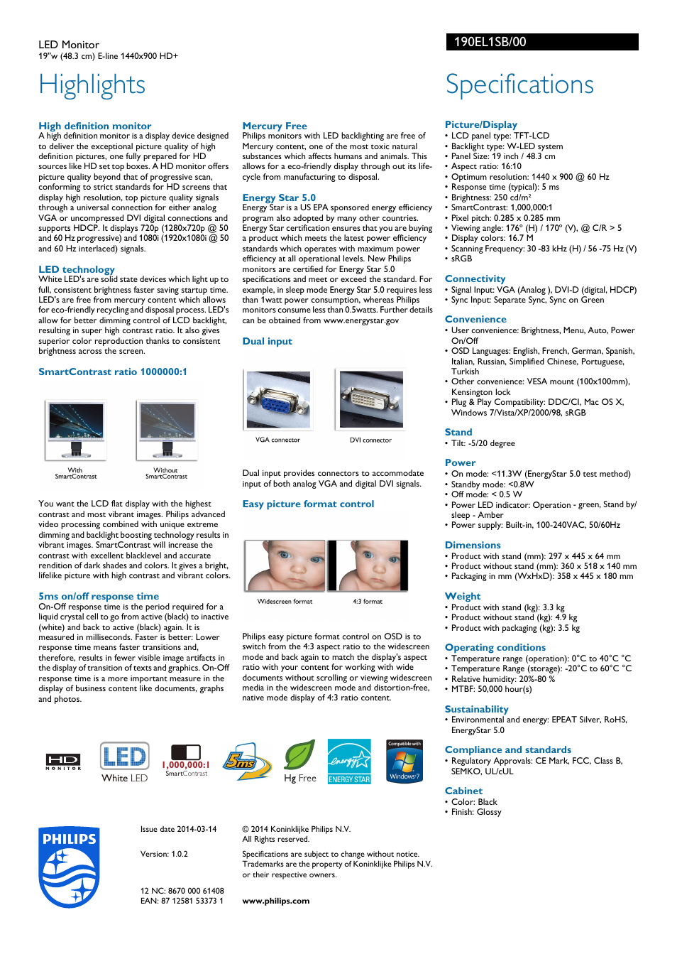 Highlights, Specifications | Philips 190EL1SB-00 User Manual | Page 2 / 2