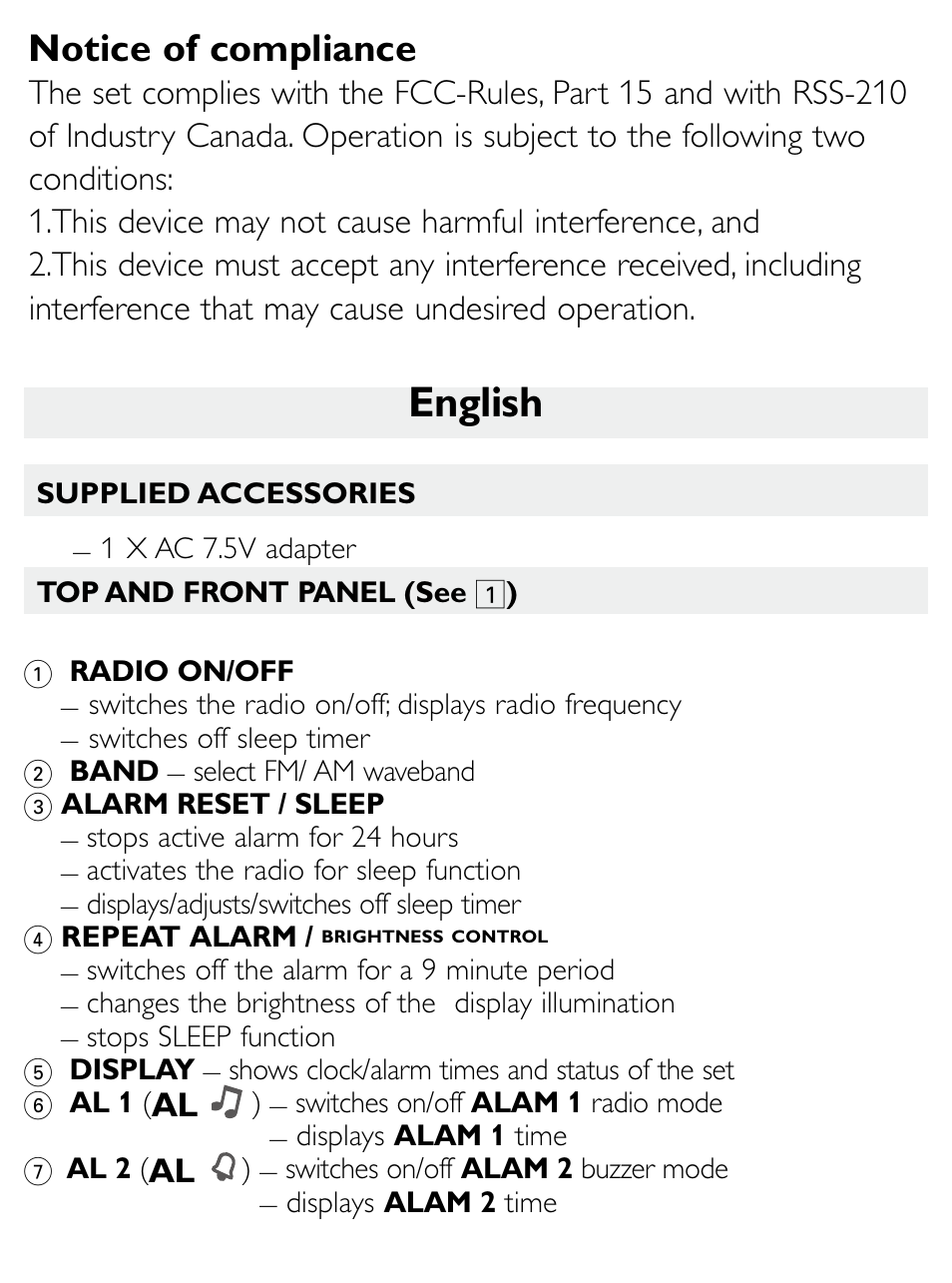 English, Notice of compliance | Philips Clock Radio AJ3600 User Manual | Page 8 / 18