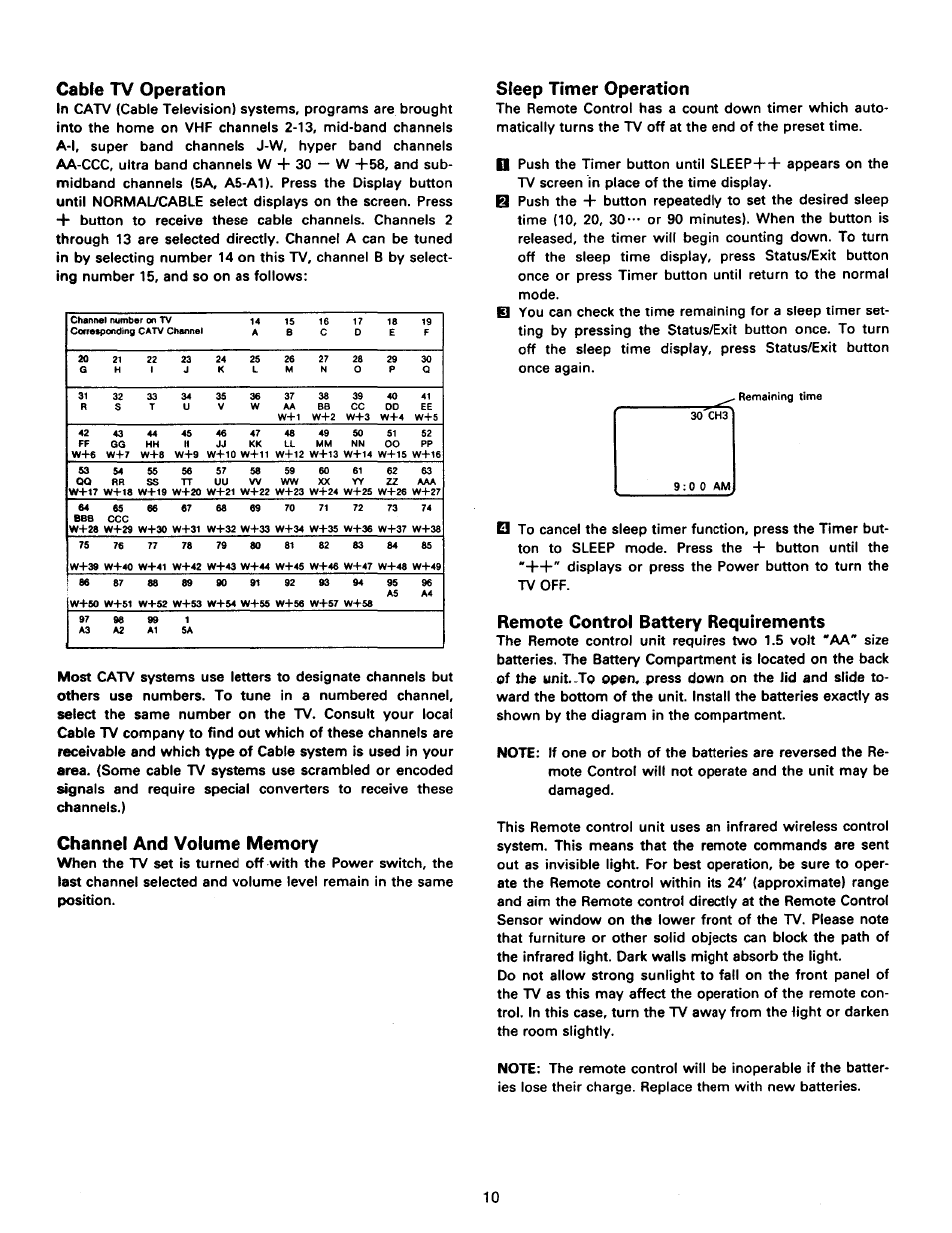 Cable tv operation, Sleep timer operation, Channel and volume memory | Remote control battery requirements | Philips RD0945T User Manual | Page 10 / 16