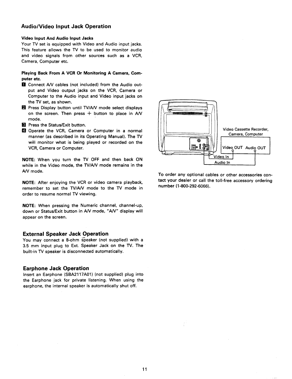 Audio/video input jack operation, External speaker jack operation, Earphone jack operation | Philips RD0945T User Manual | Page 11 / 16