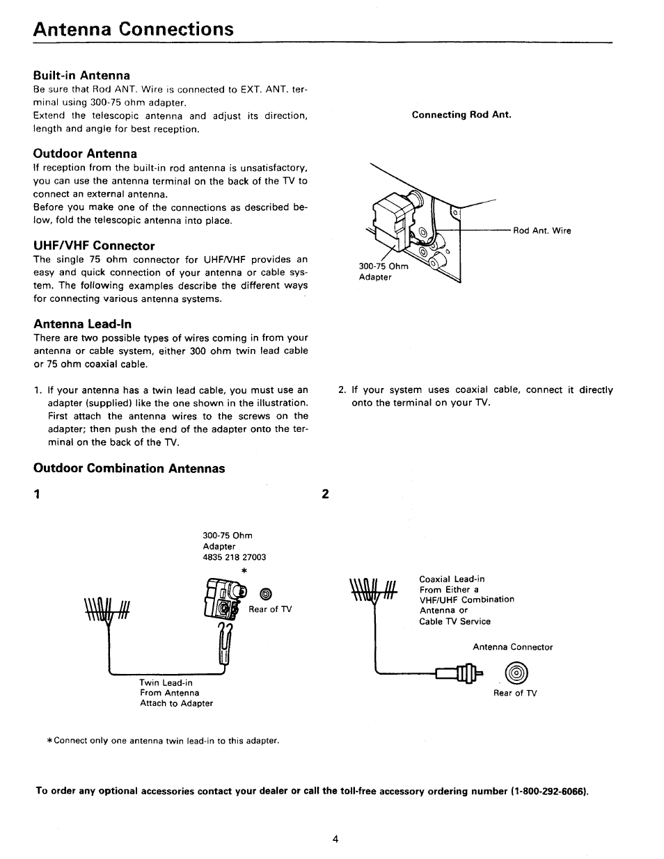 Antenna connections, Built-in antenna, Outdoor antenna | Uhf/vhf connector, Antenna lead-in, Outdoor combination antennas 1 | Philips RD0945T User Manual | Page 4 / 16