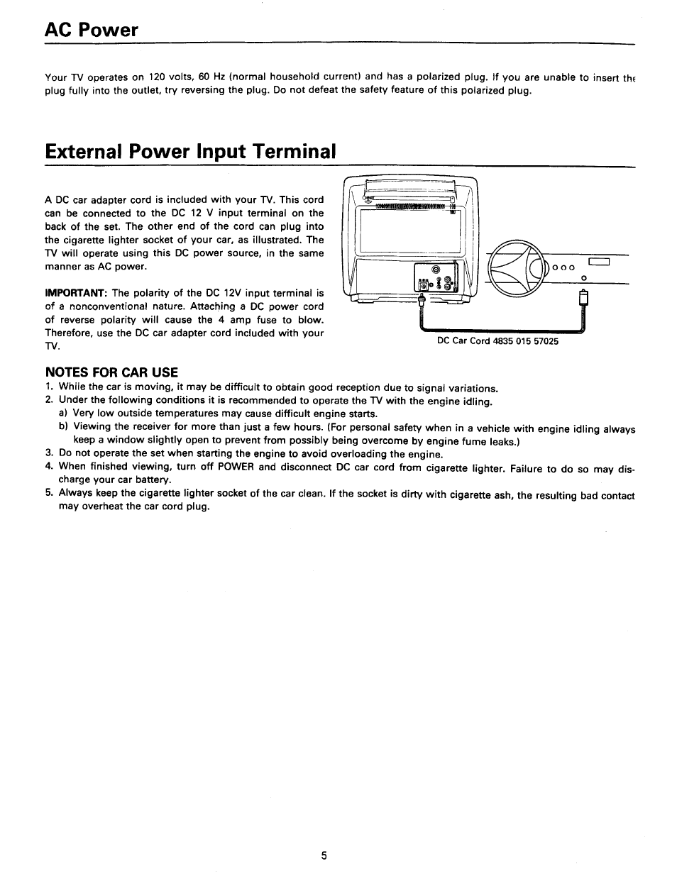 Ac power, External power input terminal, Notes for car use | Ac power external power input terminal | Philips RD0945T User Manual | Page 5 / 16