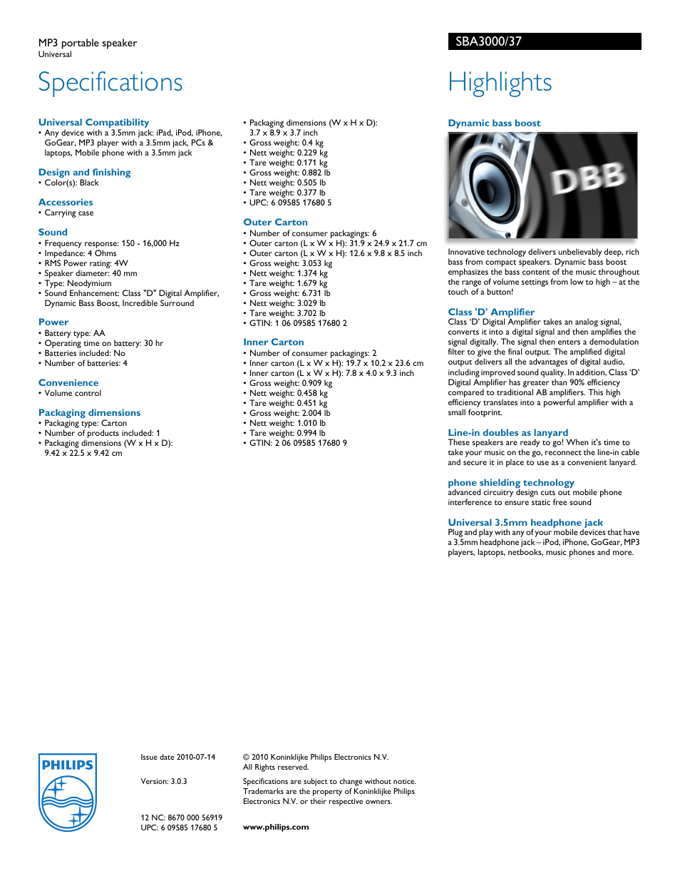 Specifications, Highlights | Philips SBA3000-37 User Manual | Page 2 / 2