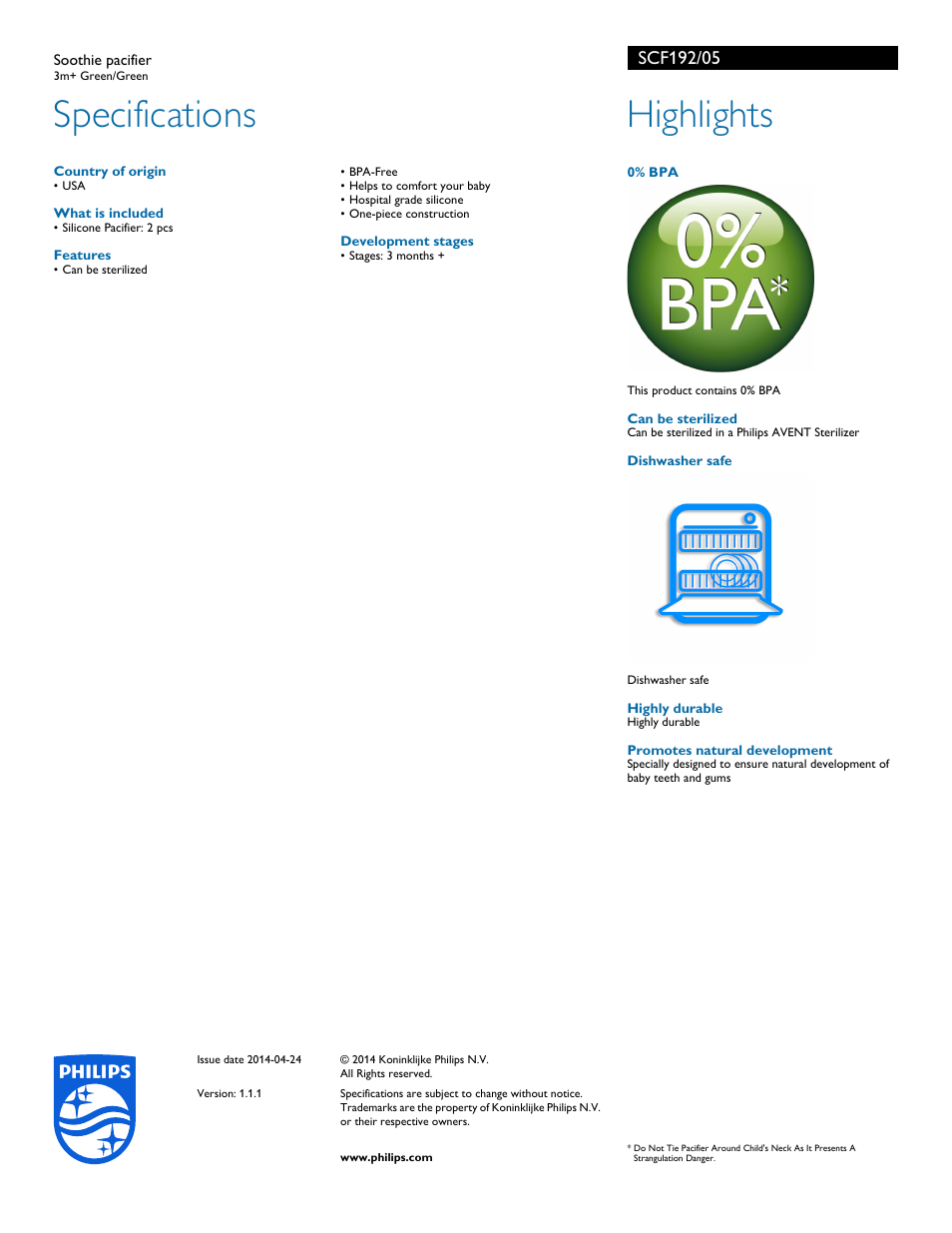 Specifications, Highlights | Philips AVENT Soothie pacifier SCF192-05 3m+ Green-Green User Manual | Page 2 / 2