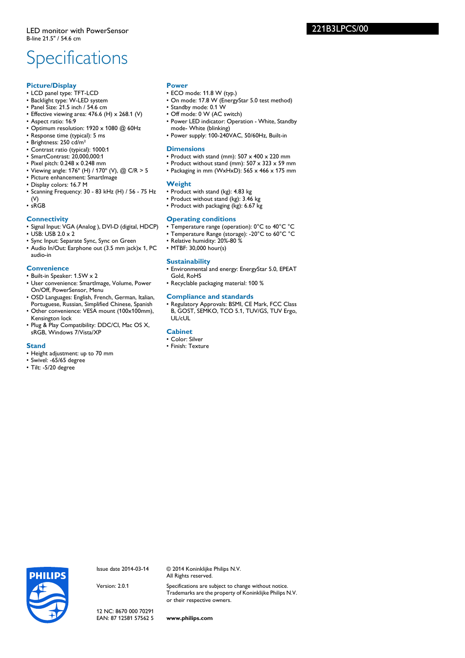 Specifications | Philips 221B3LPCS-00 User Manual | Page 3 / 3