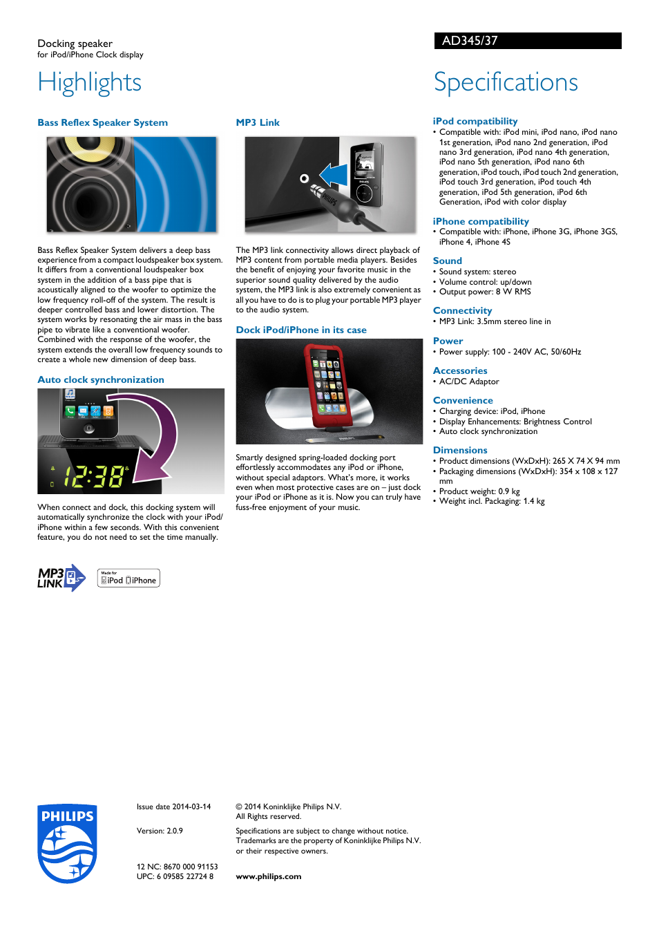 Highlights, Specifications | Philips AD345-37 User Manual | Page 2 / 2