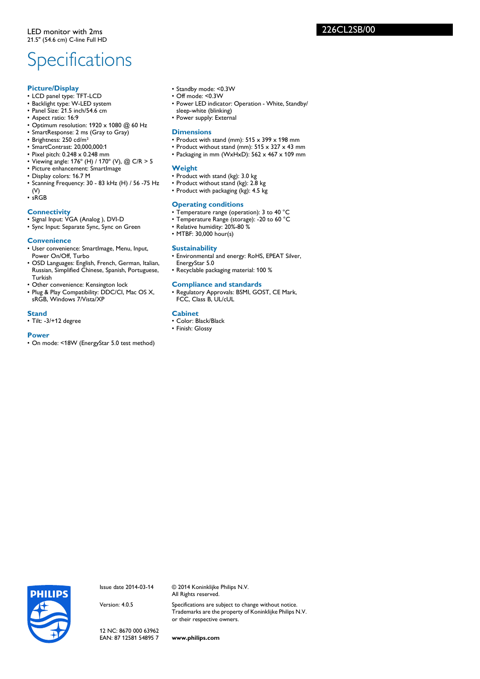 Specifications | Philips 226CL2SB-00 User Manual | Page 3 / 3