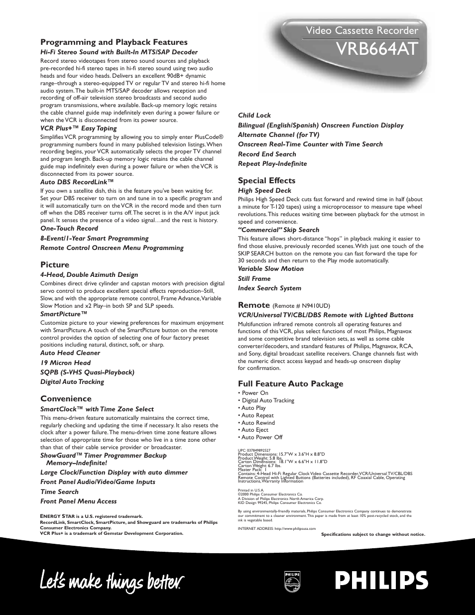 Vrb664at, Video cassette recorder, Special effects | Remote, Full feature auto package, Programming and playback features, Picture, Convenience | Philips VRB664AT User Manual | Page 2 / 2