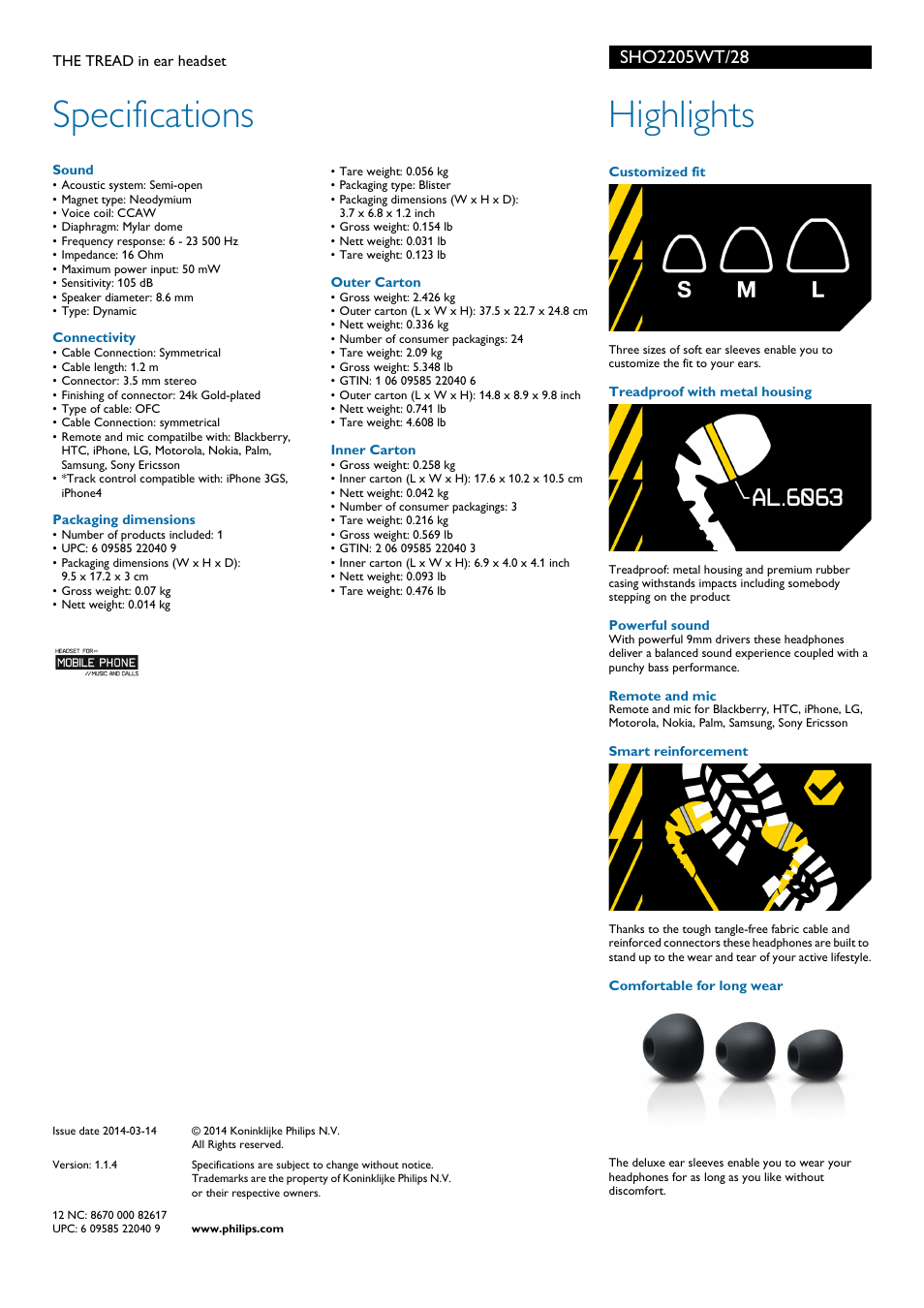 Specifications, Highlights | Philips SHO2205WT-28 User Manual | Page 2 / 2