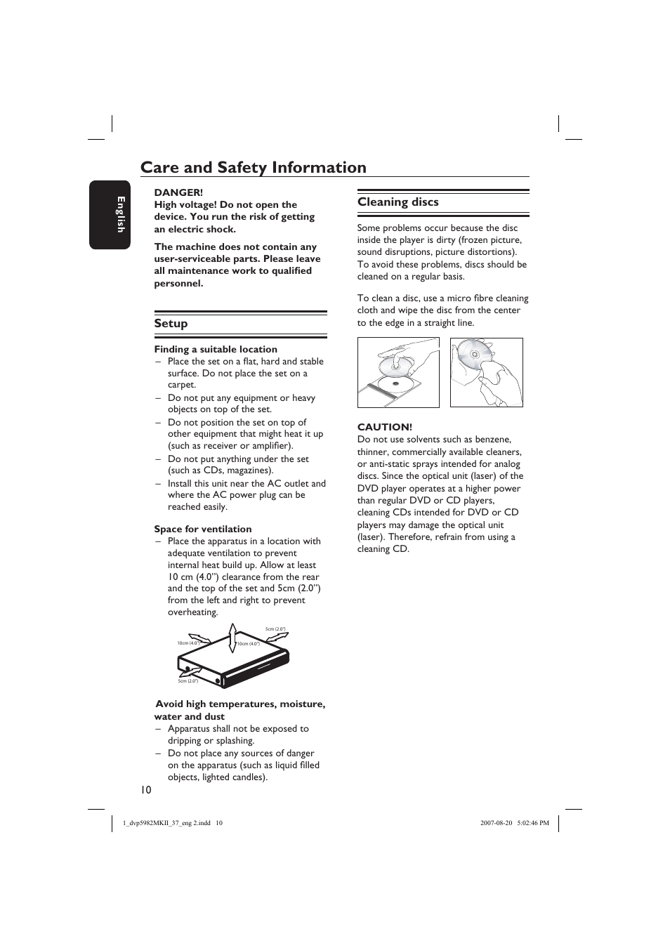 Care and safety information, Setup, Cleaning discs | Philips DVP5982-37B User Manual | Page 10 / 57