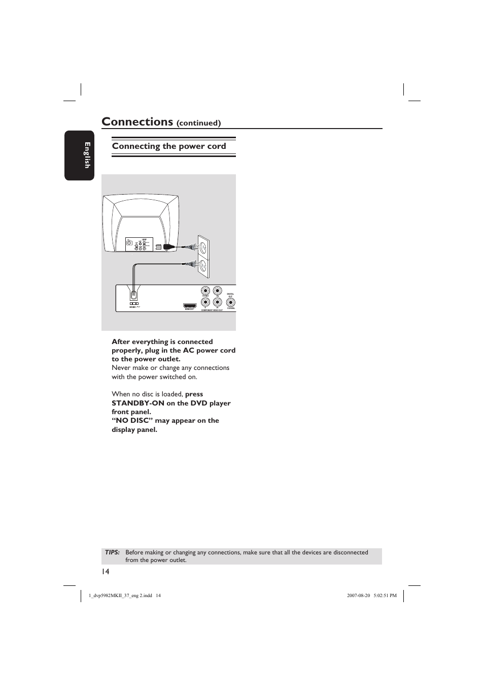 Connections, Connecting the power cord, Continued) | English | Philips DVP5982-37B User Manual | Page 14 / 57