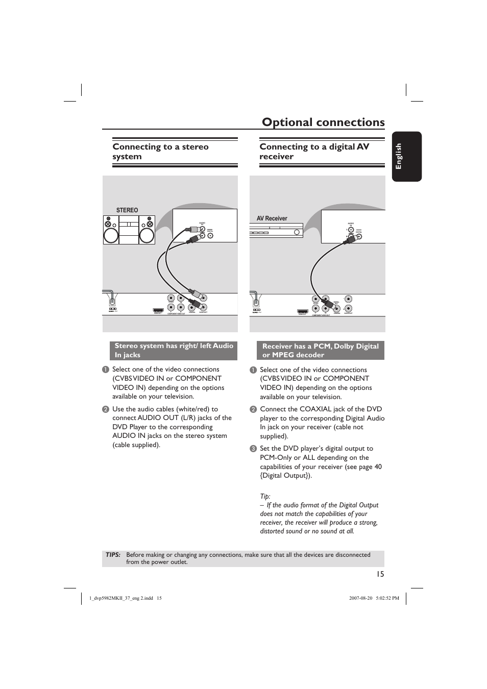 Optional connections, Connecting to a stereo system, Connecting to a digital av receiver | English | Philips DVP5982-37B User Manual | Page 15 / 57