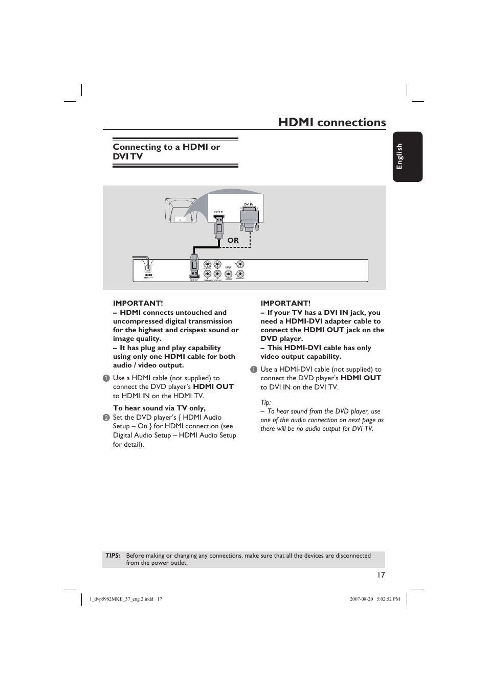 Hdmi connections, Connecting to a hdmi or dvi tv | Philips DVP5982-37B User Manual | Page 17 / 57