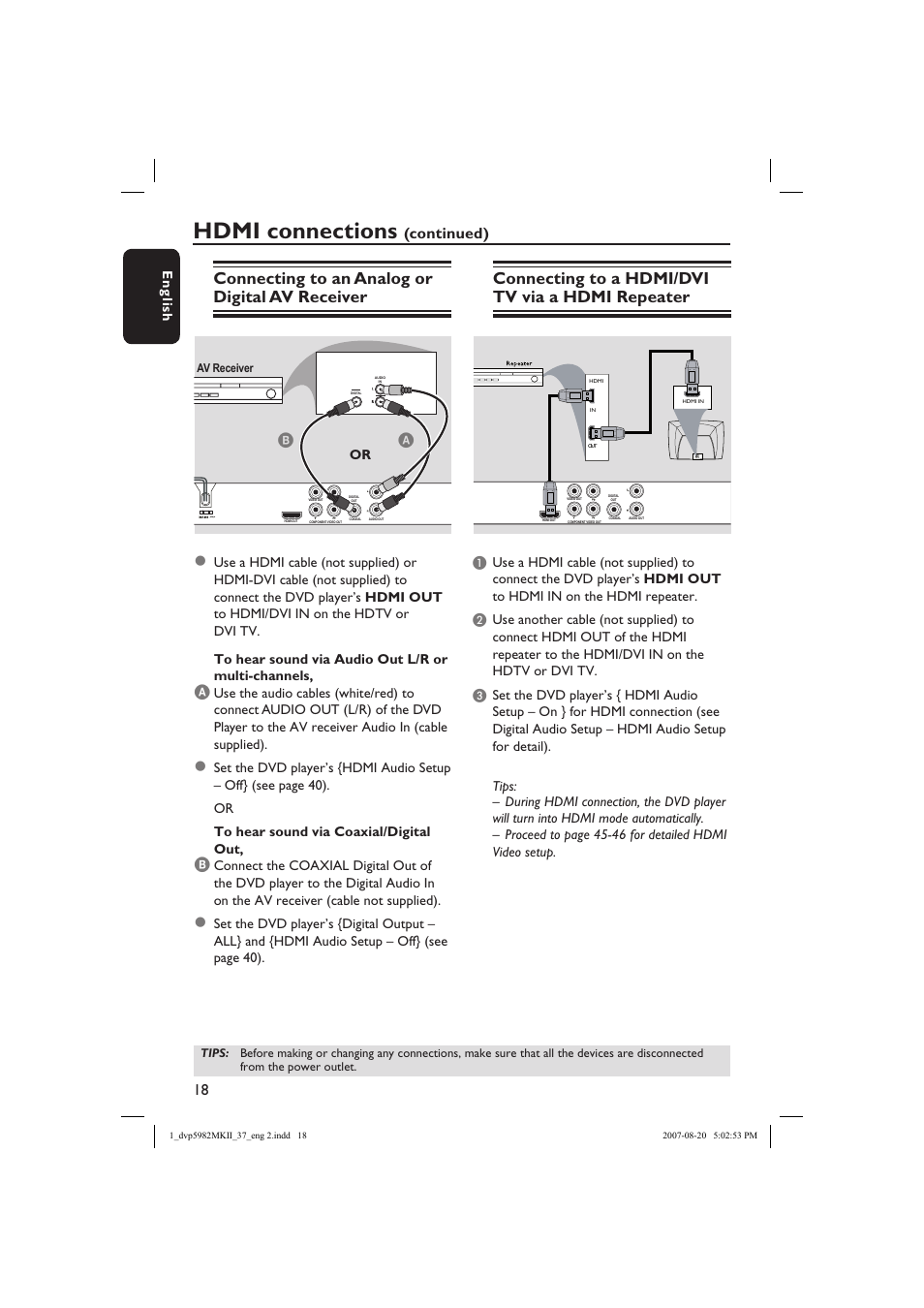 Hdmi connections, Connecting to a hdmi/dvi tv via a hdmi repeater, Connecting to an analog or digital av receiver | Continued), English | Philips DVP5982-37B User Manual | Page 18 / 57