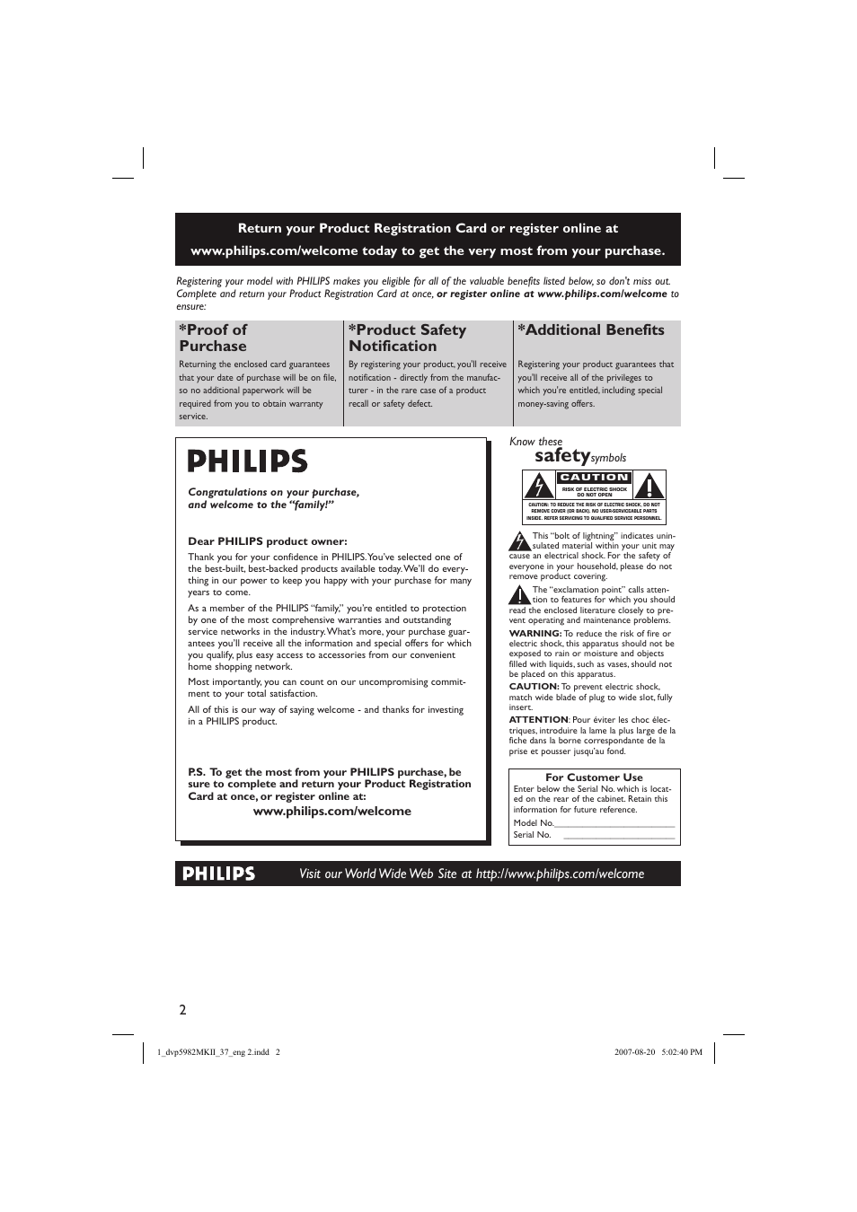 Safety, Proof of purchase, Product safety notification | Additional benefits | Philips DVP5982-37B User Manual | Page 2 / 57