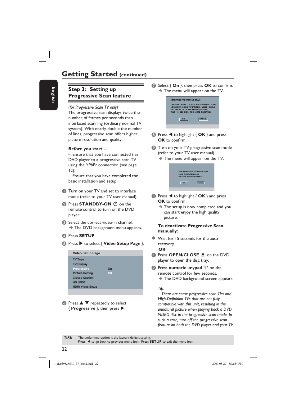 Getting started, Step 3: setting up progressive scan feature, Continued) | Philips DVP5982-37B User Manual | Page 22 / 57