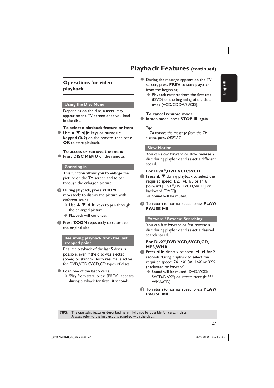 Playback features, Operations for video playback | Philips DVP5982-37B User Manual | Page 27 / 57
