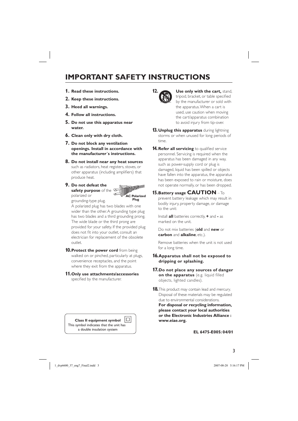 Important safety instructions, Caution | Philips DVP5982-37B User Manual | Page 3 / 57